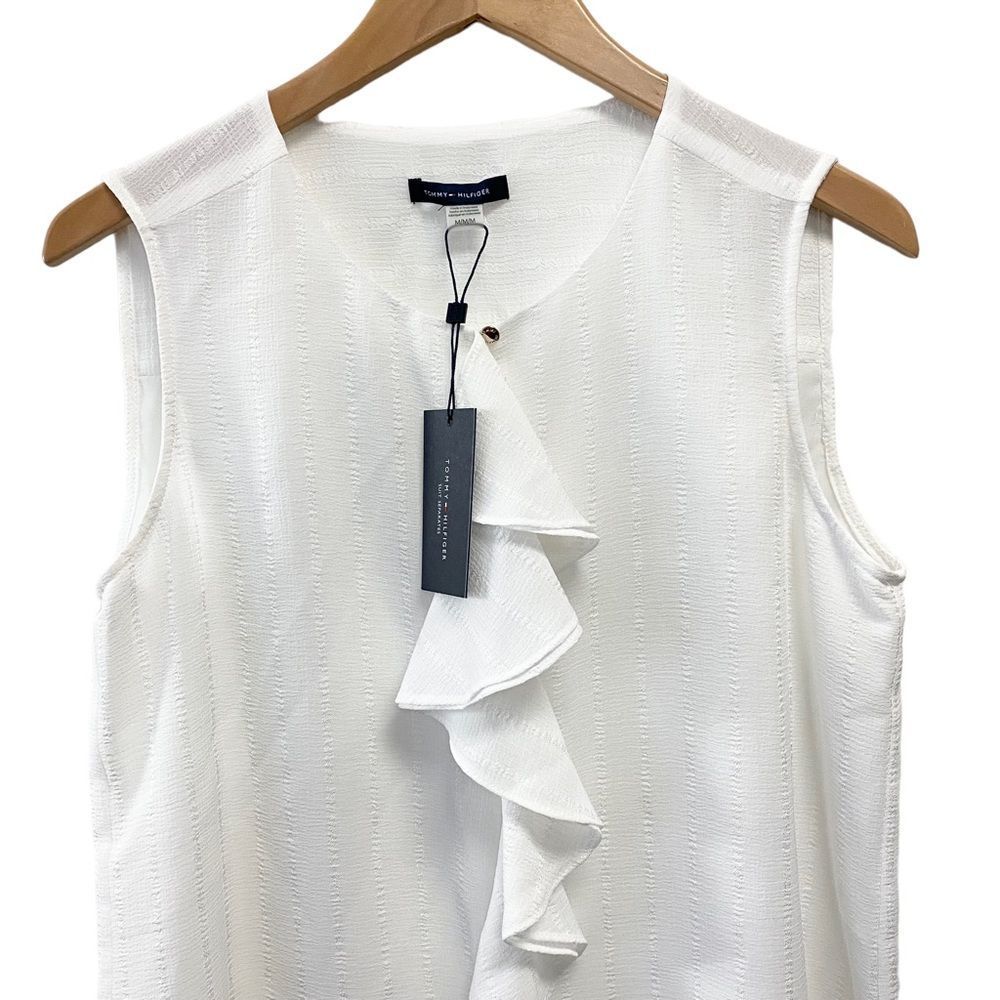 TOMMY HILFIGER White Sleeveless Ruffle Front Top M Lined Blouse - Picture 7 of 14